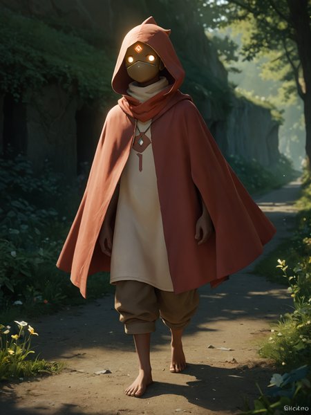 score_9, score_8_up, score_7_up,  score_6_up, BREAK, SkyChildren,  solo, 1boy, hood, glowing, glowing eyes, cloak, poncho, brown skin, barefoot, full body  <lora:SkyChildren:1>