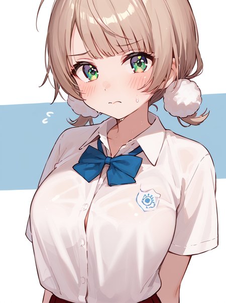 score 9, score 8 up, score 7 up, detailed background, shiny skin,
<lora:uimm.pony:1>,
uimm, summer, shirts, large breasts, 
blush, frown, undressing,  sweat,