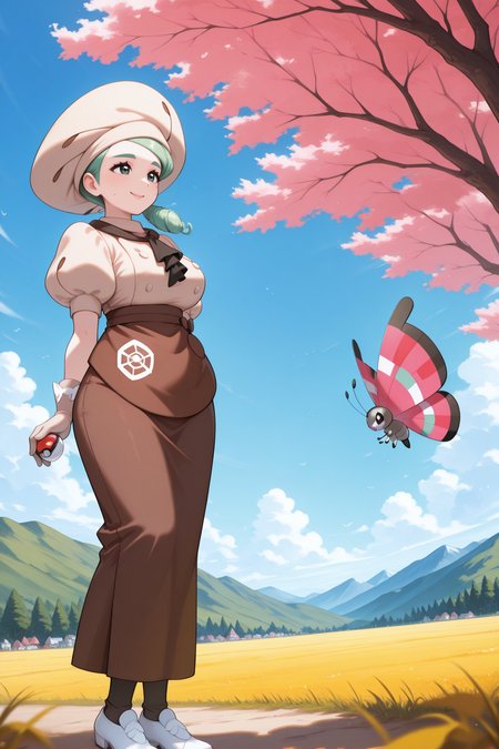 {masterpiece, best quality, blue sky, field, mountains, city, 1girl, pokemon \(creature\), vivillon, wide shot} 
1girl, <lora:pkmnkaty-illu-nvwls-v1-000006:1> pmkt, green hair, side ponytail, low ponytail, green eyes, mole on cheek, mature female, big breasts, beige hat, black ascot, puffy short sleeves, beige shirt, double-breasted, buttons, dark brown skirt, brown apron, waist apron, long skirt, beige gloves, white shoes, holding poke ball, smile, happy, looking at another
vivillon, no humans,