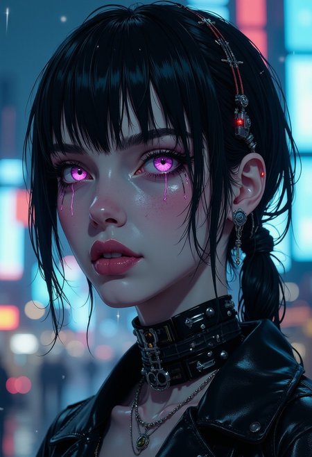 A close-up portrait of a cybernetic goth girl, her pale porcelain-like skin glowing softly under the neon haze of a futuristic city. Her sharp, cybernetic eyes emit a faint violet glow, casting a subtle reflection on her cheeks. Smudged black metallic makeup extends under her eyes, blending seamlessly with digital circuitry patterns that streak down her face like artificial tears. Her lips, painted with a reflective chrome-black sheen, contrast with the cold, dark atmosphere. Around her temples, mechanical implants flash faint red and purple lights, their design intricate and gothic. Her slick black hair is sleek and interwoven with fine, metallic strands that catch the dim neon glow from the background. She wears a high, spiked cyberpunk choker fused with delicate wires that trail down her neck, adding to her enigmatic presence. The blurred backdrop reveals faint silhouettes of gothic skyscrapers and falling digital rain, creating a somber yet futuristic ambiance.