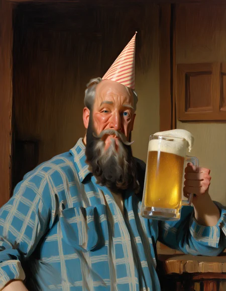 artist: sargent, masterpiece, painting \(medium\), best quality, highres, (traditional media:0.6), highly detailed,realistic, solo, male focus, 1boy, black beard, smiling, happy, mustache, party hat, serpentine,  black hair, grey hair, blue eyes, uneven eyes, upper body, flannel shirt, old man, wrinkled skin,  holding glass beer mug, painterly, abstract background, colors, surreal, indoors, <lora:John Sargent Illustrious 0.1-step00000630:0.8>