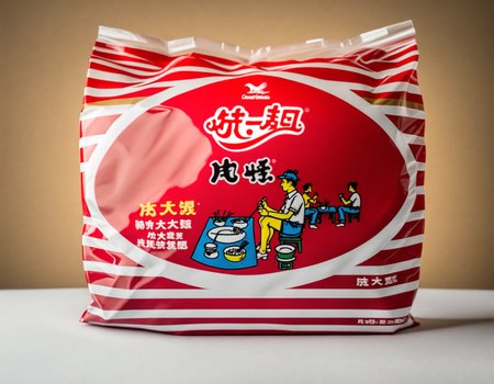 text,A bag of instant noodles placed on a red table. The packaging of the noodles is clearly visible, showcasing the brand and flavor. The red table provides a striking contrast, emphasizing the subject. The scene should be as realistic as a high-resolution photograph, with natural and even lighting that highlights the details of the bag and the texture of the table, <lora:rozaman:0.75>