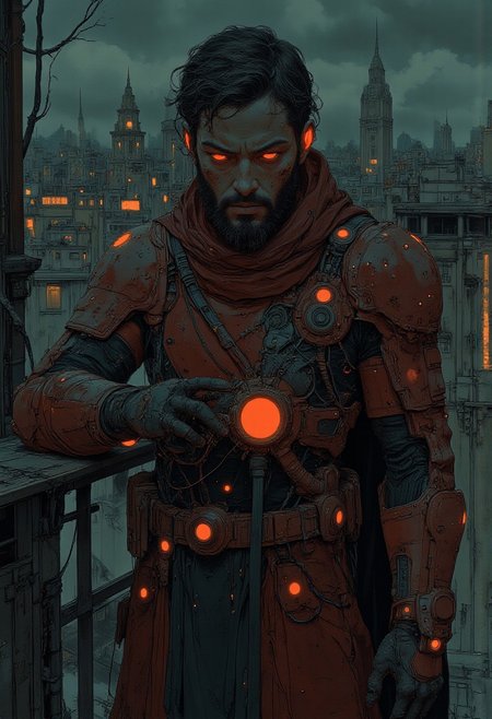 A male assassin in a dark red cyber body suit with black accents. His eyes glow red. Beard, open face
He is in a standing on a rooftop in the night. Neon lights lit up nearby
The figure exudes an aura of authority and mystery, a symbol of strength and dominance. 
The man contrasts against a backdrop of a post apocalyptic city.  The scene has a dark, atmospheric tone with a sense of foreboding and intensity, 
Full body, wide shot, holding katana