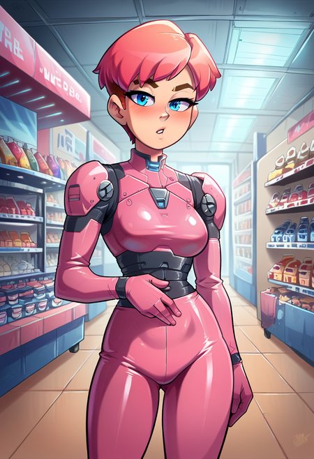 score_9, score_8_up, score_7_up, score_6_up, score_5_up, score_4_up, (sci-fi), young beautiful woman wearing pink mecha armor chooses carrots in the store, blush, beautiful short hair, perfect body, looking at viewer, blue eyes, many details, zPDXL <lora:XL_Mecha_Knights_-_By_HailoKnight_V2:0.8> <lora:xl_more_art-full_v1:0.8> <lora:latex2_pony:0.8> latex, nfltx <lora:detailed_hands:0.8> hand