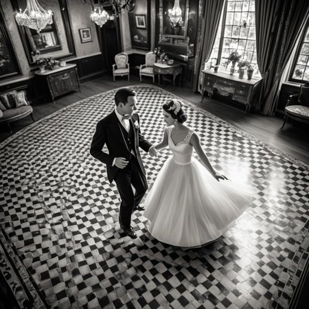 1male, 1female, Graceful couple in stunning vintage outfits, dancing elegantly with poise in a vintage-era setting, retro black and white theme, capturing timeless elegance, focus on the couple as they move gracefully together, with a collection of cherished couple photos displayed in the background, viewed from a bird's-eye perspective, adding depth and a unique angle, enhancing the nostalgic and romantic ambiance.