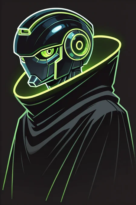 robot, portrait, black  cloak, green eyes,  looking to the side,  simple background, high quality, <lora:Glowline_Figures_IL:1> glowline_figures