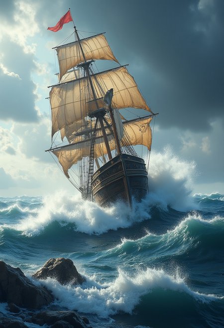 a stormy sea shaking a ship with tattered sails, it's flowing in the sea with great power and speed, the seas are rocky and the ship is dashing into a large wave, detailed , HD, photorealistic, amazing quality, 8k, HD, high resolution,