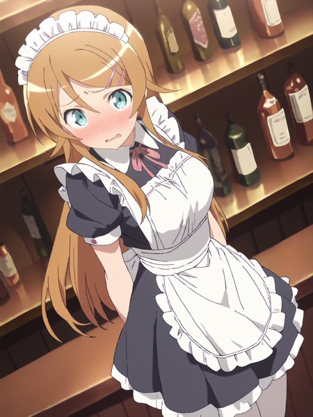 masterpiece, high score, great score, absurdres, anime screenshot, anime coloring,  <lora:Char-Kousaka_Kirino-V1-SDXL:0.9:hr=0.7>, 1girl, kousaka kirino, hair clip, solo, maid, maid headdress, maid apron, embarrassed, white pantyhose, open mouth, blush, parted lips, looking at viewer, cowboy shot, bar \(place\), indoors, depth of field
