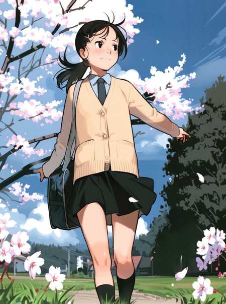 masterpiece, best quality, <lora:comiclo-xl-a3.1:1>,1girl, solo, flower, black hair, bag, skirt, outdoors, ponytail, sky, cherry blossoms, day, school uniform, cardigan, necktie, tree, cloud, grass, black eyes, school bag, socks, black skirt, wind, blue sky, black socks, walking, long sleeves, shirt, collared shirt, petals