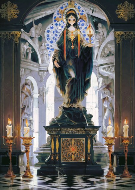 by yogisya,
1girl  
a statue of a group of angry and anxiuous people surrounded by candles, baroque dark art,   venusian statue, black marble intricated with gold,  shadows, high contrast, rim light
concept art  sci-fi fantasy character design