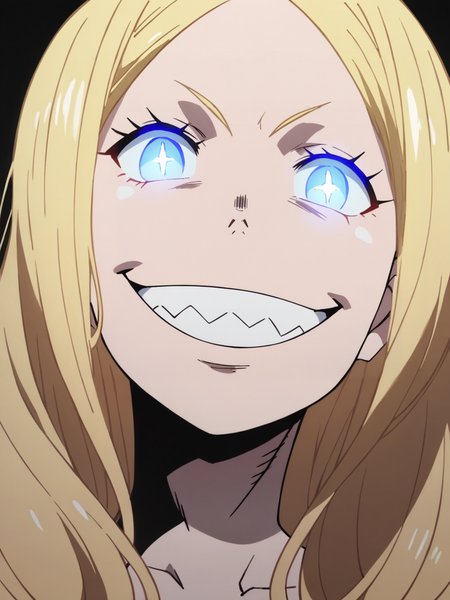 score_9, score_8_up, score_7_up, score_6_up, score_5_up, <lora:fforceXLP:1> fforce, 1girl, solo, blonde hair, smile, grin, blue eyes, black background, long hair, teeth, glowing, glowing eyes, close-up