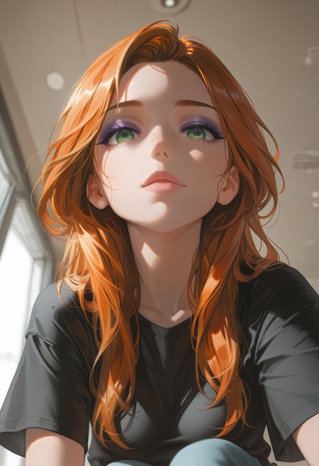 embedding:lazypos, 1girl, Long hair, orange hair, green eyes, thick eyebrows, black eyebrows, purple eyeshadow, pink lips, full lips, slender body, floating hair, realistic breast, black shirt, t-shirt,  short sleeves, pants, crouching, one knee up, front view, looking at viewer, movie perspective, blurry, indoors, mature woman, large breasts,