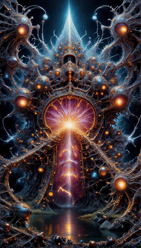 This is a highly detailed fractalex digital painting in a baroque style a compelling use of (snellâs law) how light travels through the lenses of spheres creating a gateway to other dimensions through an Electrified spectrum of fractal separation into multidimensional gateways with views of exploding star, before entering a newdimension. Use (gold leaf,blue, pink) precise fractal design, flowing curves, precision, colorful fractal geometry, harmonic interference, dismrt style, realism, detailed digital illustration, photo manipulation, altered realities, digital artistry, striking visuals, chiroscuro lighting, masterpiece, best quality, highres, high detail, sharp focus, detailed background, light reflection, photo-realistic,  <lora:Epic_gorgeous_Details-flux.1:0.5> <lora:Amazing_scenery_v1:1> <lora:P-Mystic-Fusion_v10:0> <lora:flux.1_lora_surreal-tones_v1:0> <lora:RealisticDigitalPainting-flux:0.6> <lora:Electrified_Flux_v1:1> <lora:Dorota_Pietrowiak-Flux:0.3> <lora:best_of_flux_v30_rank64_bf16-step01750:0.65> <lora:ral-frctlgmtry_flux:0.65> <lora:fractalex:0.5441650390625> <lora:-_Flux1_-_vanta_black_V2.0:1>