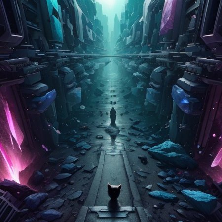a cat whose omnipotent powers sits in a cyberpunk street, collide.highest quality, enhanced quality, creative, beautiful, vibrant, masterpiece, 8k, amazing details, amazing quality, amazing artist, sharp edges, detailed textures, full view, atmospheric lighting, amazing visuals, crystals fantasy, crystals, crystal, bg_imgs, cyberpunk, neon lights, science fiction, view from above,