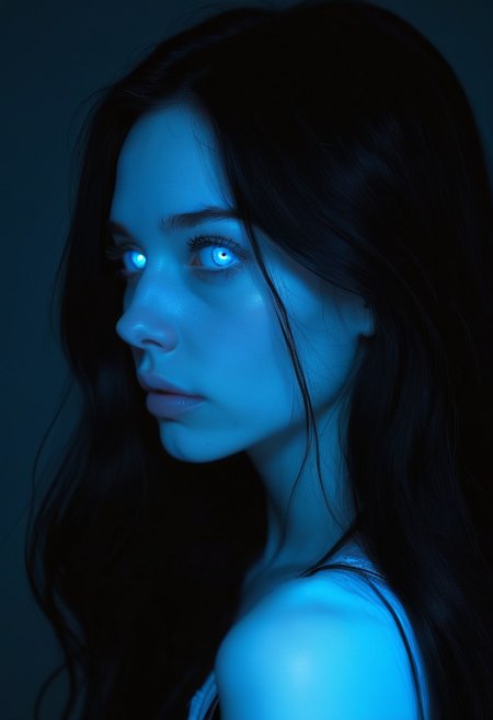 2d, A haunting profile of a woman with long, jet-black hair, her pale face framed by darkness, her deep-set blue eyes cold and haunting, her expression unreadable, as if sheâs hiding a deep secret., highly detailed, Techno, loop lighting, fluorescent blue, art by Smai-Lee, sad atmosphere <lora:usual-portrait-v2:1>