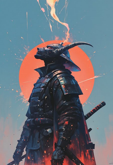 (Highly detailed, hyper-realistic, digital painting) A dramatic digital artwork of a lone samurai in a powerstance, looking upward with fierce determination. He wears black metal armor with angular, battle-worn plating, layered with intricate etchings that reflect subtle blue highlights. A wide samurai hat shadows part of his face beneath a sculpted helmet crowned with curved black horns. A katana is sheathed across his back, its hilt wrapped in crimson cloth. A deep red cloak billows behind him, torn and scorched at the edges, contrasting sharply with the vivid sky blue background. Surrounding him, electric blue fire arcs upward in spectral tendrils, casting an otherworldly glow across the armor and ground. The scene pulses with energy, blending stoic tradition and supernatural intensity in cinematic composition and ultra-sharp detail.