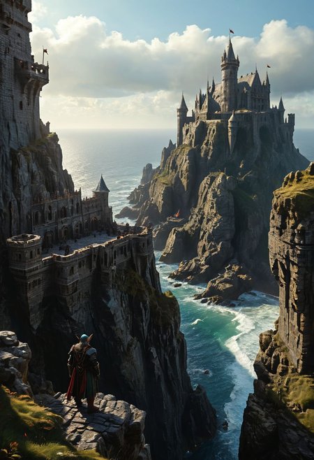 extremely detailed, hero shot, high detail, hires textures, incredibly detailed, intricate details, intricate diorama, masterpiece, outstanding intricacies, photorealism, true masterpiece, cliff background, pleasant, Stately, ( dnd fantasy, a group of humans and elves and dwarves in the foreground in a fantasy world, castle fortress on distant cliffside), with fantasy antiquity-ships in the far-distant background near horizon
