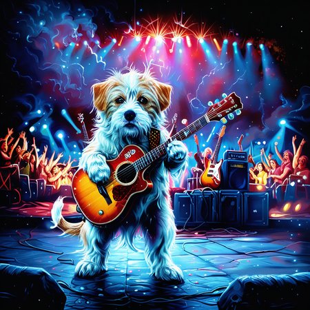 Hyperrealistic, crystal-clear portrait of a  <lora:ZIP_SDXL:1> zip dog looking at the viewer Walking on stage playing his guitar  <lora:1980s_Fantasy_Style_test_2:0.3> 1980s Fantasy Style, vivid color <lora:Rock_Concert:0.5> r0ckc0ncert, on stage, light show, smoke, band, instruments <lora:tbh160-sdxl:0.8> style of Dan Mumford  ith super sharp details and vivid colors, intricate textures, and pristine clarity.
