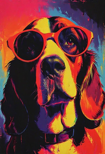 impactful color paint of, a Basset Hound, wearing dark sunglasses, highly detailed, vibrant colors , 8k, sharp, professional, clear, high contrast, high saturated, , vivid deep blacks, crystal clear