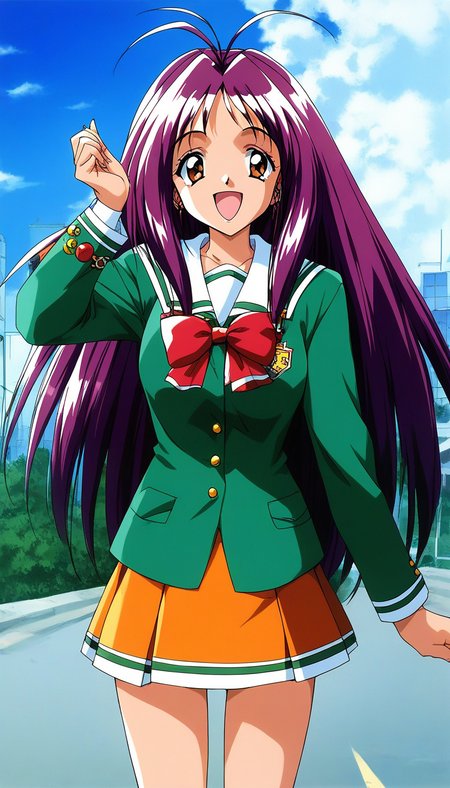 score_9, score_8_up, score_7_up, source_anime, rating_explicit, BREAK  <lora:Kotobuki_Miyuki_XL:1> Kotobuki_Miyuki, purple hair, long hair, brown eyes, antenna hair,
1girl, solo, school uniform, skirt, outdoors, open mouth, smile, orange skirt, green shirt, looking at viewer, day, shirt, long sleeves, pleated skirt, bow, :d, sky, red bow, standing, 1990s (style), miniskirt, retro artstyle
