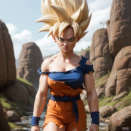 score_9_up, score_8_up, BREAK, goki, 1girl, solo, blonde hair, spiked hair, blue eyes, dougi, torn clothes, SSJ, super saiyan 1 , serious, cowboy shot, outdoors, <lora:Female_Goku_Goki_PXL_Leaf1:1>