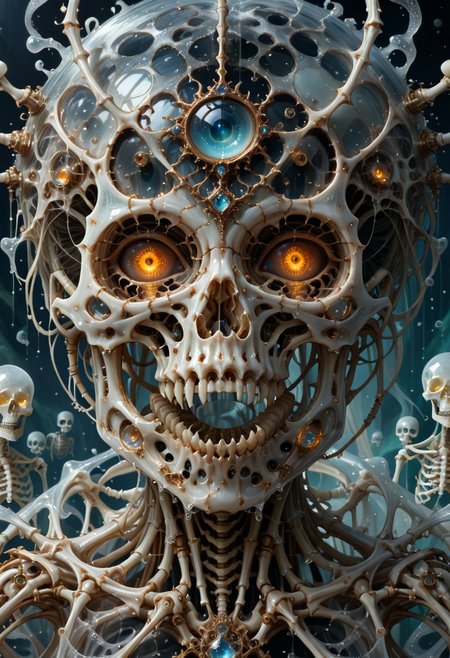 score_9, score_8_up, score_7_up, score_6_up, SV, full body detailed CGI art, 
close-up of icy ghostly skeleton king, intricate golden armor, glowing eyes, translucent skeletons floating, dark ocean, eerie atmosphere, haunting presence, ethereal glow, skeletal details, dark water backdrop