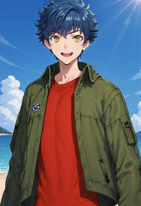 score_9, score_8_up, score_7_up, source_anime, cowboy shot, front view, BREAK, ( tatsumi_hori, yellow eyes, dark blue hair, best eyes, looking to the side, smiling, mouth open, green jacket, red tshirt under jacket, ) 1boy, male focus, solo, BREAK, beach, cloudy sky,