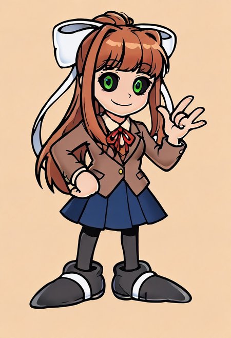 score_9, score_8_up, score_7_up, source_anime,
ddlcmonika, <lora:ddlc-monika-ponyxl-lora-nochekaiser:1> ddlcmonika, blunt bangs, brown hair, green eyes, long hair, ponytail, ribbon, white ribbon, hair ribbon, sidelocks, smile,
black thighhighs, blue skirt, brown jacket, jacket, long sleeves, mary janes, pleated skirt, school uniform, skirt, thighhighs, zettai ryouiki,
looking at viewer,
hand on hip, hand up, finger wag, 5 finger, LordX, 
black sclera, wide smile,