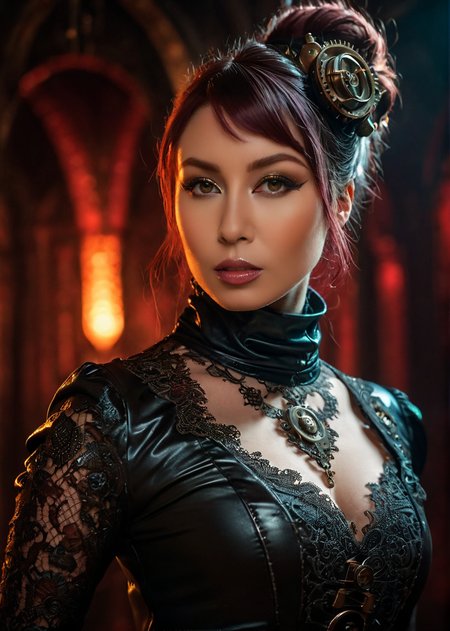 masterpiece, best quality, dark environment, (steampunk:1.5), a woman, (colored latex with lace), turtleneck, burlesque, sexy, 8K, extremely detailed, decorated clothing, dragon, bloodwave, dynamic, great lighting, perfect shading, depth of field, soft side light, very detailed glowing background, <lora:add-detail-xl:0.8> <lora:MS_Aika_Yumeno_V2_SDXL:0.8>