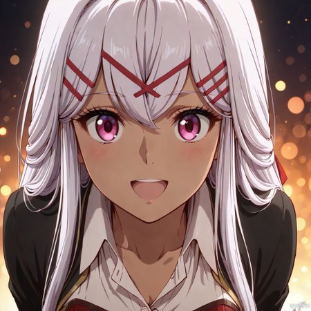 score_9, score_8_up, score_7_up, dynamic view, eye_focus, solo, looking_at_viewer, 1girl, 
masterpiece, best quality, bokeh, luminescent background,
(yulishia,  dark-skinned female, white hair, long hair, hair between eyes, bangs,  purple eyes, hair ornament, hairclip, x hair ornament, hair ribbon, red ribbon, medium breasts,   black jacked, white shirt, collared shirt, wing collar, long sleevs, red dress,  dress skirt, red skirt, black thighhighs, brown boots, scabbard, sword in scabbard, sword,
 ),
portrait, happy,