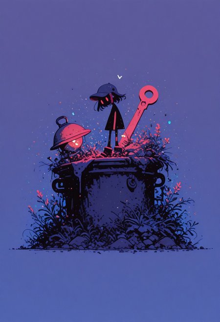 highres, very detailed, amazing quality, masterpiece,
very aesthetic, RBL-Illu, Flatline, Flat vector illustration,
particle effect, Cinematic, (flat lighting, flat color, flat design, no lineart:1),
a girl with a pot as a helmet and a trashcan lid as a shield is holding a wrench and is ready to fight monsters