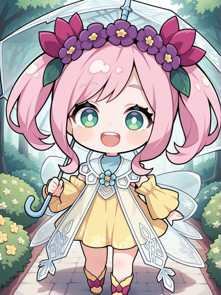 chibi,1girl,rikka queen strenna,solo,smile,open mouth,looking at viewer,teeth,:d,upper teeth only,full body,white pupils,holding umbrella,umbrella,purple hair flower,see-through cape,yellow detached sleeves,yellow strapless dress,yellow boots,
masterpiece,best quality,amazing quality,very aesthetic,absurdres,newest,<lora:Rikka Queen Strenna illusXL v1.1:0.7>,