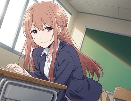 score_9, score_8_up, score_7_up, source_anime,
akaneminagawa, <lora:akane-minagawa-s1-ponyxl-lora-nochekaiser:1>,
akane minagawa, long hair, bangs, brown hair, brown eyes,
shirt, jacket, white shirt, collared shirt, blue jacket, skirt,
indoors, classroom, bent over, smile,
looking at viewer, cowboy shot, dutch angle, solo,