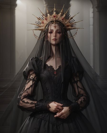 score_9. score_8_up, score_7_up, score_6_up, score_5_up, score_4_up, 1girl, c0r0n4t10n, long sleeves, puffy sleeves, black dress, lace dress, large crown, Veil, <lora:c0r0n4t10nXLP:0.65>