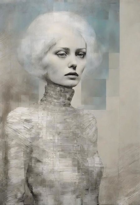 Monochrome black and white, Giger, Beksinski, Zawadzky, Dali, Magritte, Delvaux, Bellmer, Malevitch, Rodchenko, Mondrian, Kandinsky, Popovna, psychedelic hallucination, pop surrealism, rough crosshatch drawing pop art Lunatic_Portrait of a young woman in latex Avant-garde Fashion page, slick back, low bun, black makeup, sinister expression, intense glare, avant-garde, abstract, weird, geometric, constructivism, suprematism, rayonism, verticism, lineism, tj