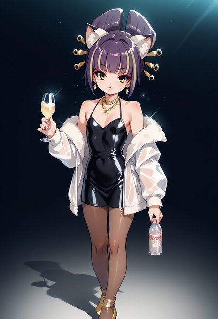 score_9, score_8_up, score_7_up, source_anime, uncensored, best quality, ((masterpiece)), 4k, fcx, fyx, phc, yuh, oya, kib, absurdres, retro style, neon signasl, nightclub, fullbody, complete body in the image, holding a bottle of wine, small body, Futanari, thin legs, round tip, <lora:long_eyelash:0.3>, long eyelashes, ultra detailed eyes, beautiful eyes, bright eyes, faint lips, very large hoop earrings, nsfw, cute smile, gold bracelets, gold anklets, saturated colors, high contrast, sultry, (sexy), dancing, ((pantyhose)), pantyhoses, streaked hair, flat chest, gyaru gal, see-through PVC large jacket, makeup, long eyelashes, glossy lipstick, mascara, blush, eyeshadow, jewel necklace, rich girl, sparkles, (glittering pastel clothing, glossy sparkling fabric), sharp focus, high heels
(1girl, darudayu))