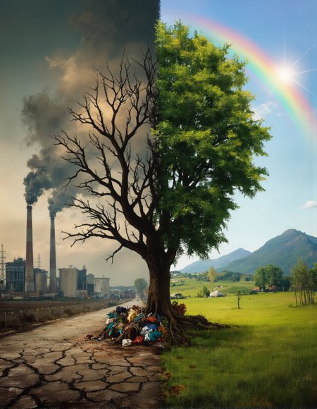 A strikingly symbolic surreal composition portraying a single tree split into two contrasting halves, forming the profile of a human face, where one side is barren and lifeless while the other thrives with lush greenery. The left half of the image presents a bleak dystopian landscape, filled with towering smokestacks belching thick, dark clouds into the sky, a sea of overflowing garbage bags piled beneath, and a cracked, ashen road stretching endlessly. The skeletal branches of the tree mirror the decay, devoid of leaves, twisted and lifeless, blending into the smog-filled atmosphere. On the right side, a vibrant utopian paradise emerges, with rolling green fields stretching toward lush forested mountains, illuminated by a soft, golden glow. The tree here is full of life, its rich green foliage thriving under a bright blue sky, where a radiant rainbow arcs gracefully, casting a hopeful aura over the pristine natural landscape. The stark contrast between industrial destruction and environmental harmony conveys a profound visual metaphor of human impact, nature’s resilience, and the choice between devastation and renewal in a hyper-detailed, thought-provoking surrealist art style.
 <lora:FluxDFaeTasticDetails:0.25> <lora:fechin-FLUX:0.75>