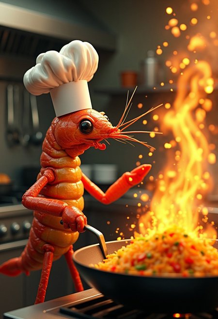 "A semi-realistic shrimp, standing upright with a confident pose, wearing a neatly tilted chef's hat. Its shiny, textured shell reflects the warm light of the kitchen. The shrimp is firmly gripping the handle of a large wok, lifting it slightly to the side as it skillfully flips a colorful medley of fried rice into the air—golden grains, vibrant vegetables, and tiny sparks of oil flying in perfect motion. It stands next to a stove, where huge flames burst upward beneath the wok, creating a dramatic, fiery glow. The kitchen background features stainless steel counters, hanging utensils, and a warm, bustling ambiance, but the focus remains on the shrimp’s intense concentration and flair as a master chef