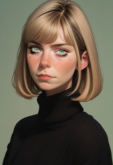 1girl, belatricepamford, pretty face, freckles, manic pixie, light hair, goth makeup, sweater, nose, seductive, 
FOV medium shot, 
simple pastel green background,
score_9,score_8_up