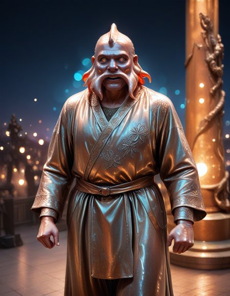 cinematic film still solo, copper fusion of hantu kepala,squid,Plesioth,Brachydios,leprechaun, copper fur statue, artist:Katsuhiro Otomo (å¤§å åæ´), safe, sfw, shiny skin, panicking, wearing copper wool tunic with embroidery, Thumbs Down, Gymnastics, in copper Sorcerer's celestial terrace with celestial navigation and stargazing., Wide shot, volumetric lighting, 
masterpiece, best quality, amazing quality, very aesthetic, absurdres, highres, high detail, 
, , , , <lora:MadeOfCopper01_CE_SDXL:1.2>,<lora:CivChan:1>,<lora:hand 5.5:1>,<lora:Dynamic Poses:1> . shallow depth of field, vignette, highly detailed, high budget, bokeh, cinemascope, moody, epic, gorgeous, film grain, grainy