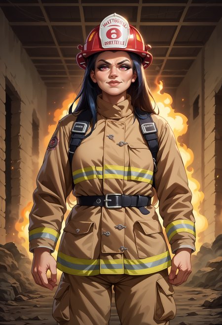 score_9, score_8_up,score_7_up, source_anime, 1girl, black hair, blue hair, very long hair, pink eyes, smirk, dark eyeliner, dark lips, dark makeup, emo girl, facing viewer, mature female, large breasts, EPFireFighter, <lora:EPFireFighterPony:1.0>, wearing EPFireFighter, jacket, brown jacket, pants, brown pants, harness, looking at viewer, walkie-talkie, helmet, red headwear, screenshot from a post apocalyptic film by Christopher Nolan, capture the trauma of fires and smoke, indoors, burning building, smoldering walls, fire, thick foggy smoke, smoke, fog, fire, debris
