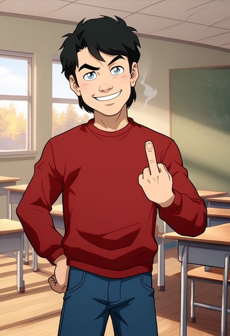 High Quality,  Billy batson, small body, solo, 1boy, black hair, blue eyes, red tshirt, bluejeans, young, smoking marijuana, ecstasy face, classroom, raised eyebrow, mischievous smile, looking at viewer, giving middle finger,
