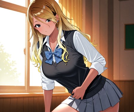 masterpiece, best quality, amazing quality, sfe, 1girl, solo, looking at viewer, <lora:Vanadium style ILL-v2:1.2> vanadiumcjf,  izumi mei, dark skin, blonde hair, multicolored hair, gradient hair, long hair, black eyes,gyaru,  school uniform, black sweater vest, white shirt, collared shirt, blue bow, plaid bow, sleeves rolled up, grey skirt, pleated skirt, miniskirt
