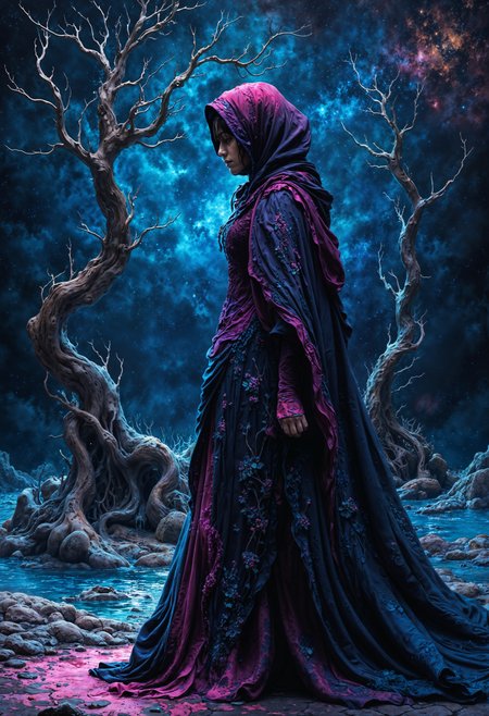 In a mesmerizing blend of Prussian Blue and Bright Pink, this geometric abstract art piece captures the essence of a Folkoric Emo Priestess wearing a dark, flowing gown with intricate embroidery, paired with lace-up boots, a hooded cloak, and fingerless gloves. Seen from the side, her outfit is both striking and ethereal, with a grainy Xerox grudge effect adding a touch of mystery. In the background, a lone, twisted tree stands tall, its branches reaching towards the cosmic backdrop like a surreal, otherworldly sentinel. The image is a high-resolution photograph, showcasing intricate details and vibrant colors that pop against the starry night sky. The overall composition exudes a sense of otherworldly beauty and depth, drawing the viewer into a realm of surreal elegance and intrigue.