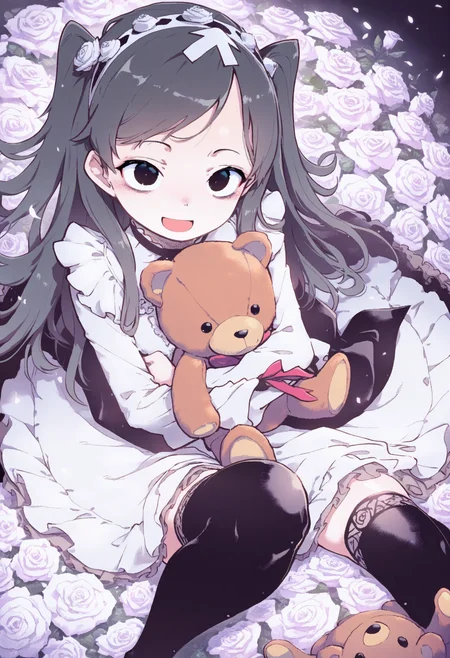 masterpiece,best quality,amazing quality,
1girl, teddy bear, stuffed animal, stuffed toy, solo, open mouth, smile, thighhighs, flower, :d, dress, long hair, black thighhighs, rose, looking at viewer, hairband, black hair, two side up, white rose, frills, black eyes, white flower,
 <lora:Suzuki Kyoutaro-000009:1>