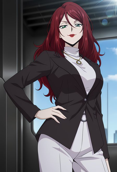 masterpiece,best quality,amazing quality,

1girl, solo,

Sophie Belle (Cardfight Vanguard), long hair, red hair, hair between eyes, green eyes, lipstick, red lips, makeup, jewelry, necklace, turtleneck, black jacket, white pants, high heels,

Smile, looking at viewer, Smug,

cinematic, hand on hips, upper body, 

Indoors, zen garden, sci-fi city, blue (sky), 

Lens flare, bloom,

Official style, anime screencap, anime coloring,
















