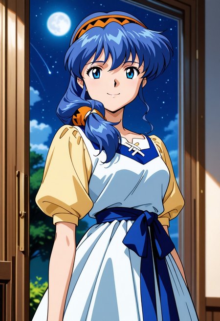 score_9, score_8_up, score_7_up, ASCII score_9, source_anime, 8K,best quality, hyper detailed,masterpiece, UHD,illustration,1990s (style),  luna noa, 1girl, solo, blue hair, blue eyes,dress,hair over shoulder, long hair, looking at viewer, hairband,smile