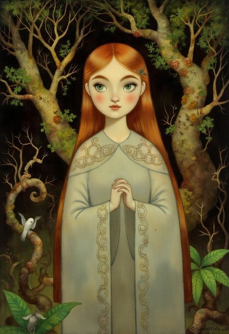 SecretKells Victorian era oil painting by Henrietta Rae, full  body portrait of a beautiful young woman with red hair, her intricate sheer Celtic-patterned cloak flowing softly around her, set against a dark forest backdrop. Her eyes reflect the soft glow of magical runes on the trees, while delicate swirling lines frame her face. Animated, stylized, detailed portrait, mystical atmosphere.