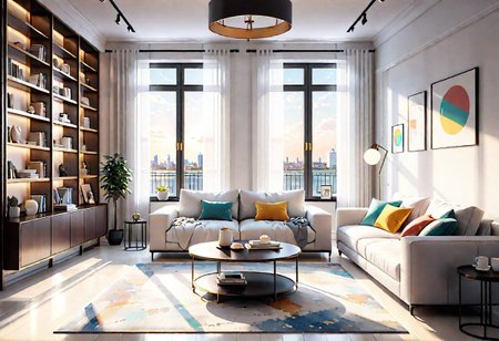 ((front view)), Shallow scene, ((animation style)), modern-style interior, with white walls, (large windows), a  study, Sofa, coffee table, bookcase, single wall, 
warm light morning sun, (the view of the city)