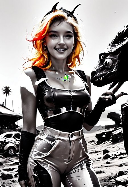 Space biologist exploring alien fauna, 
score_9, score_8_up, score_7_up, Realistic, cinematic shot, selective color, monochrome background, grayscale, 4k, Gadget, side view,
(((Girl petting an alien, hetero, cross-species, inter species, interspecies, hand on alien’s back, curious, pet kangaroo ))), 
18yo, blonde, red front highlights, perfect face, stunning, breathtaking face, detailed face, perfect teeth, expressive eyes, extremely cute, medium boobs, round stomach, sexy, partial nudity,
Pear-shaped figure, short female, stocky, perfect round butt, wide hips, narrow waist, strong legs, thick thighs, long legs, short torso, narrow shoulders, 
Work clothes, space mechanic outfit, thick cargo pants, midriff, 
(1boy, large alien, muscular animal, cute alien, alien species, strong animal, non-humanoid, slime, chitin, antennae,  tentacles, touching girl),
Detailed background, black and white background , alien desert, alien desert flowers, alien fauna, impossible landscape, two moons, outdoors, open space, 
highres, absurdres, in focus, hetero,
easynegative, CyberRealisticPony_POSV1, Stable_Yogis_PDXL_Positives, negative_hand, ALRGFC, alluring face, realistic, Gadget, SelectiveColorStyle, 1colorpop, 2colorpop